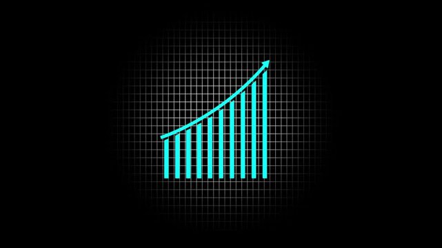 Business growth graph icon concept cyan color grid animation. Financial business progress status of corporate chart icon on black background.
