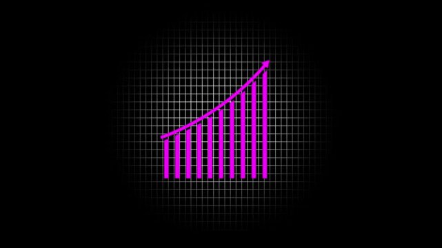 Business growth graph icon concept magenta color grid animation. Financial business progress status of corporate chart icon on black background.