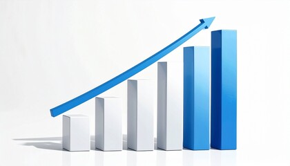 A 3D bar graph with six vertical bars increasing in height from white to dark blue, topped by a curved upward arrow—symbolizing growth, success, and performance in business or data analysis.