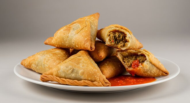 Afghan Sambosa isolated on white plate, triangular pastries artfully stacked, intense orange light for crispy texture, spicy sauce, minimalist blurred background.