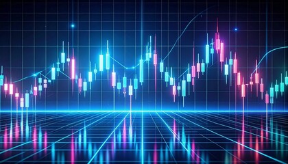 A glowing financial chart with blue and pink candlestick patterns and trend lines overlays a grid background—symbolizing market analysis, price movement, and high-tech trading visualization.