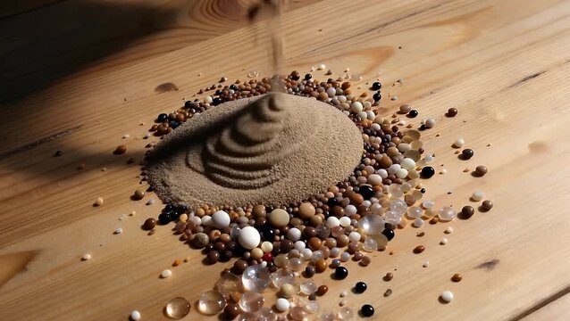assortment of multicolored sand particles dispersed across wooden surface the granules vary in dimension and hue producing aesthetically captivating and varied exhibition