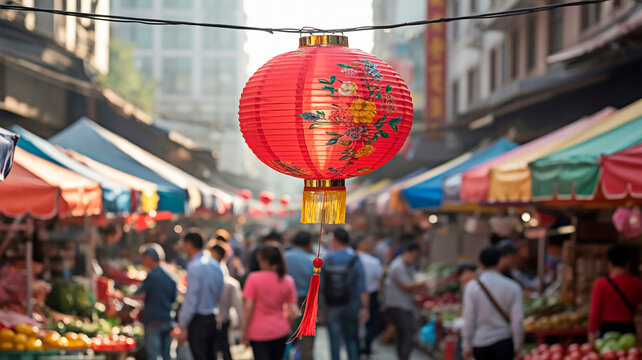 A vibrant scene of a bustling market street in an Asian city, with a large red lantern in the center.  - Powered by Adobe