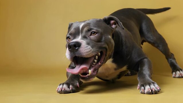 eager American Staffordshire Terrier dog enthusiastically licking its lips while positioned against bright yellow colored backdrop