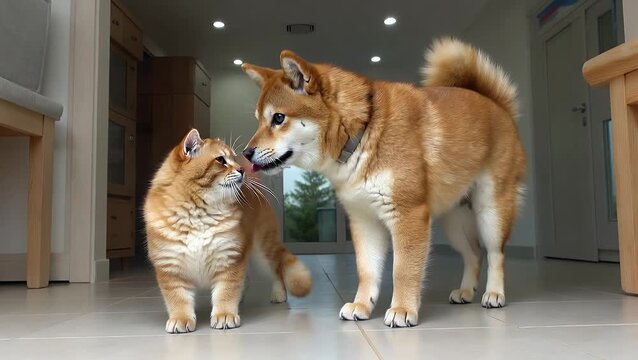 Red-Haired Person Gently Holding Fluffy Persian Cat Alongside Chow Chow Dog with Thick Coat