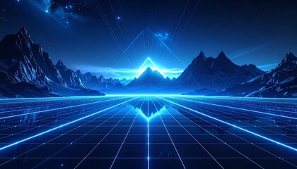 A glowing blue grid stretches into a cosmic horizon with illuminated mountains and a rising light source, symbolizing futuristic technology, virtual reality, and digital landscapes in sci-fi style.