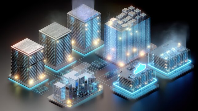 advanced digital communication system art - Futuristic Data Center with Virtual Cloud Technology Concept with glowing lines and tech elements, ideal for digital marketing, innovation, connectivity, an