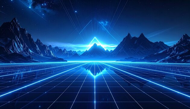 A glowing blue grid stretches into a cosmic horizon with illuminated mountains and a rising light source, symbolizing futuristic technology, virtual reality, and digital landscapes in sci-fi style.