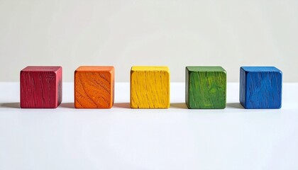 Five evenly spaced wooden blocks in red, orange, yellow, green, and blue form a horizontal line on a white surface—symbolizing color sequencing, pattern recognition, and educational simplicity.