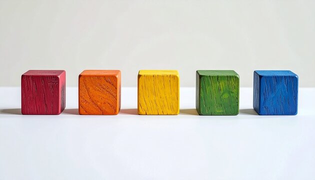 Five evenly spaced wooden blocks in red, orange, yellow, green, and blue form a horizontal line on a white surface—symbolizing color sequencing, pattern recognition, and educational simplicity.