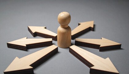 A wooden figurine stands at the center of outward-pointing arrows arranged radially on a dark surface—symbolizing decision-making, multiple choices, and strategic direction in life or work.