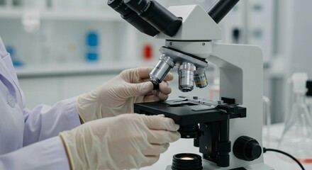 Close-up of researcher adjusting microscope, wearing gloves and a lab coat in a laboratory setting. Science and research concept.