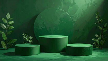 Three green cylindrical podiums of varying heights stand before a circular backdrop with leafy plants on both sides, symbolizing nature-inspired presentation, product display, and organic elegance.