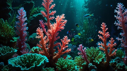 Fototapeta premium Vibrant coral reef ecosystem with colorful marine life and sunlight filtering through ocean water.