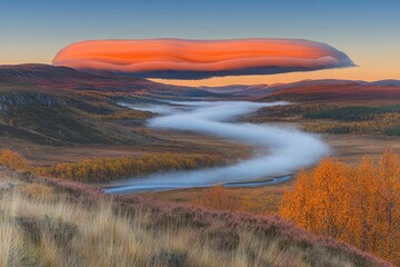 Sunrise over valley with unique cloud