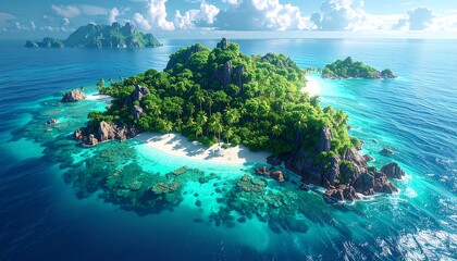 Lush tropical island paradise, a vibrant aerial view of a secluded beach and surrounding turquoise waters.