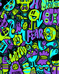 Vibrant graffiti art with quirky characters, bold lettering, and playful designs perfect for edgy streetwear, urban art projects, and creative brand visuals