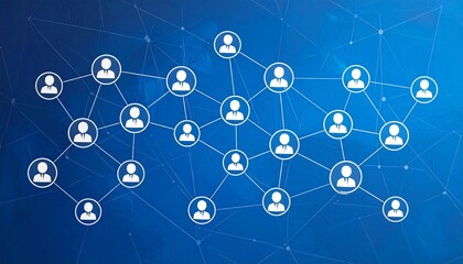 A digital network of circular icons with human figures connected by lines on a blue gradient background, symbolizing social links, organizational structure, and data-driven connectivity.