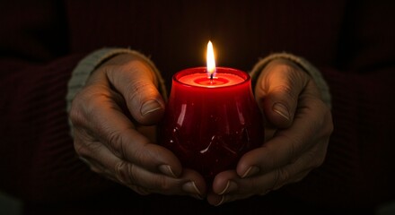 A pair of hands gently cradles a vibrant red candle holder, its flame casting a warm and comforting glow in the darkness.
