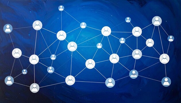 A digital network of circular icons with human figures connected by lines on a blue gradient background, symbolizing social links, organizational structure, and data-driven connectivity.