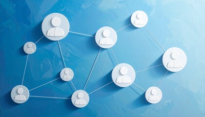 A digital network of circular icons with human figures connected by lines on a blue gradient background, symbolizing social links, organizational structure, and data-driven connectivity.