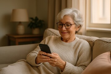 Stylish senior woman relaxing on sofa smiling while chatting on smartphone modern lifestyle