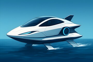 Futuristic White and Blue Hydrofoil Water Vehicle Gliding Over the Water Surface at High Speed