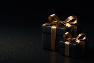 Obraz premium Luxurious matte black gift boxes with satin gold ribbons on glittering dark background holiday sale banner with dramatic lighting and copy space