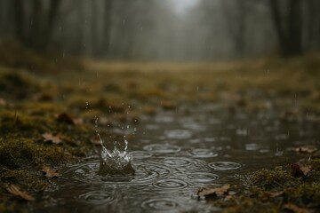 Fototapeta premium Raindrops splashing in autumn forest clearing with golden leaves soft blur