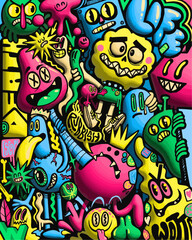 Whimsical doodle art featuring playful cartoon monsters perfect for vibrant designs, children's illustrations, or eye-catching creative projects with a fun, quirky feel