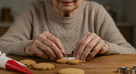 Close-up of an older woman decorating cookies on a wooden table, adding icing details with precision. A holiday baking scene is shown.