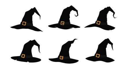 Collection of black witch hats with gold buckles a striking silhouette