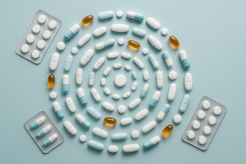 Macro flat lay of rainbow capsules tablets and blister packs arranged in a spiral on clean cyan background with soft shadows and clinical precision