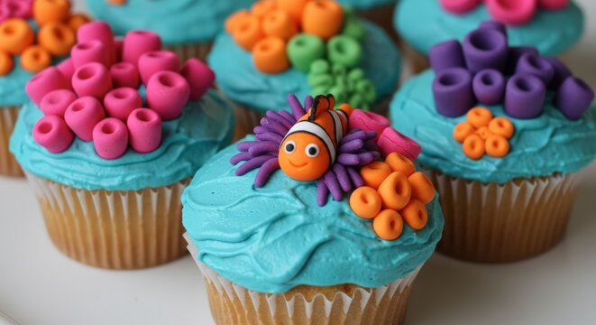 Decorated cupcakes with coral and fish design - Powered by Adobe