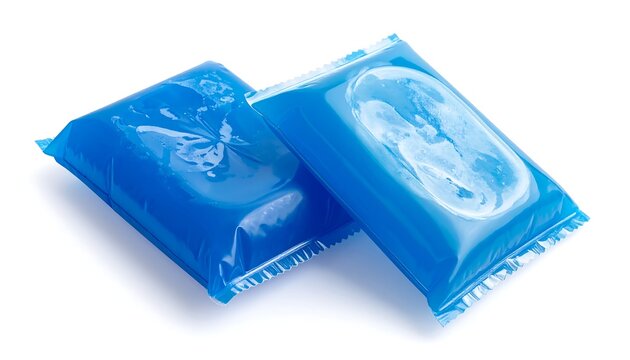 Two blue detergent pods lie on a white background