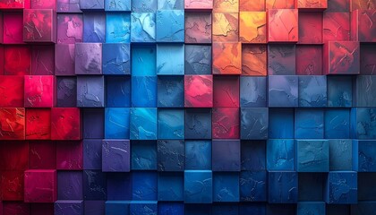 A grid of 3D square tiles with marbled textures transitions from deep reds and pinks to rich blues and purples, creating a dynamic abstract pattern with depth, color flow, and visual rhythm.