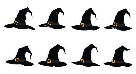 Collection of black witch hats with golden buckles a striking silhouette