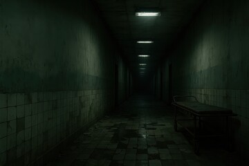 Abandoned hospital corridor with peeling paint and puddles eerie dark haunted interior spooky mood