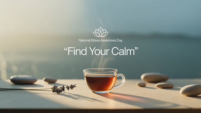 A serene scene with a steaming cup of tea, smooth stones, and lavender on a table, promoting calmness for National Stress Awareness Day.