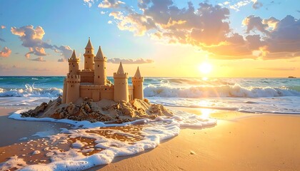 Sandcastle at sunset on beach
