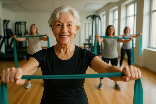 Active senior woman leading low impact workout with resistance bands in sunlit wellness studio, confident smile and modern gym equipment - Powered by Adobe