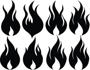 Fire Flame Silhouette Set, Black Vector Icon Collection