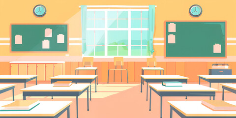 Bright and Inviting Classroom Interior with Desks Chairs Green Blackboard and Large Windows Illuminated by Soft Sunlight in a Cheerful Educational Environment