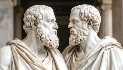 Two marble busts of philosophers facing each other