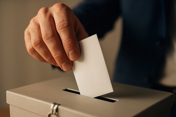 Closeup of male hand inserting paper ballot into secure sealed voting box concept of democracy election day civic duty and political participation