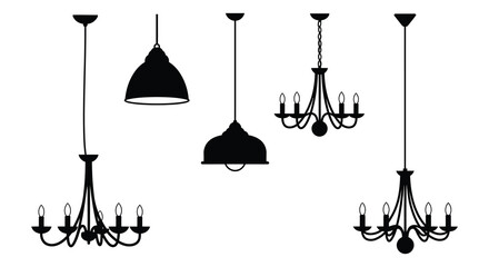 Various hanging light fixtures displayed in a minimalist black silhouette