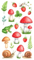 Watercolor illustration of forest elements including mushrooms, strawberries, frogs, and snails
