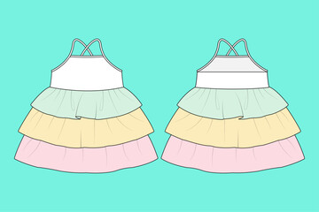 Baby Girls Flared Skirt Camisole Dress Technical Fashion Flat Sketch CAD Template.