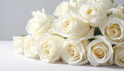 Obraz premium A bouquet of fresh white roses rests on a white surface with a light gray background, symbolizing purity, innocence, and new beginnings through soft petals and elegant floral arrangement.