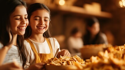 Joyful asian girls share delicious snack capturing pure childhood happiness and togetherness in warm cozy family setting